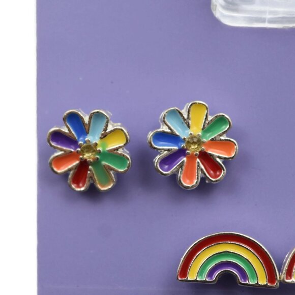 Claires Earrings Set of 3 Flowers Rainbows Hoops Colorful New Pierced - Picture 2 of 5